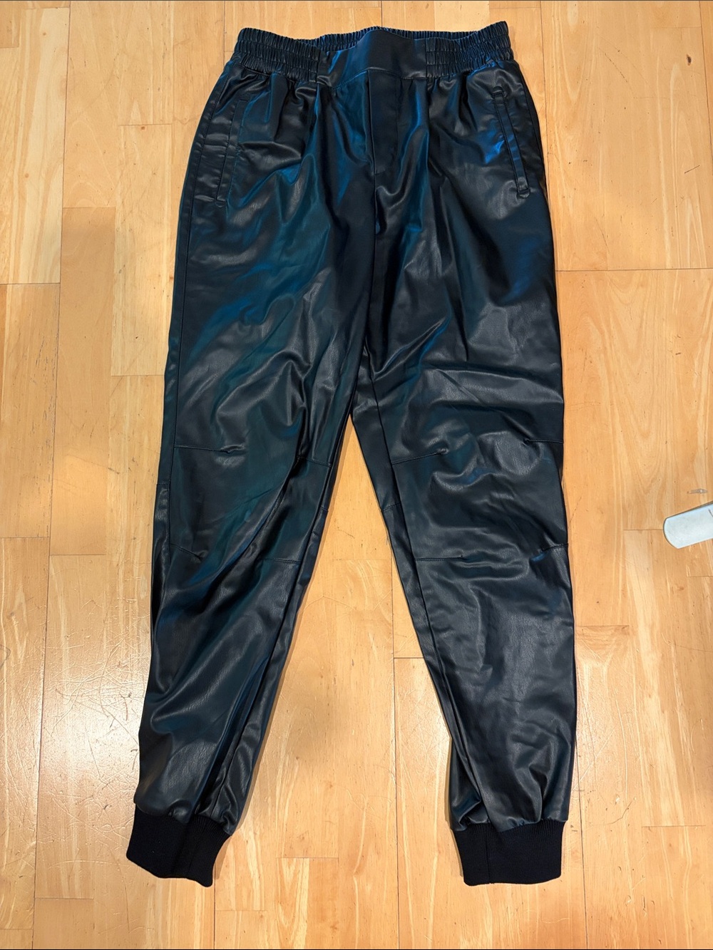 ATM Women’s Black Faux Leather Jogger Pants - Elastic Waist & Cuff